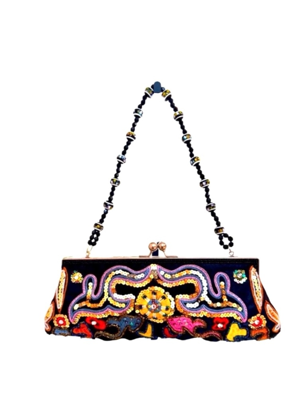 CHATEAU ~ Handmade Embroidered Sequined Black Satin Clutch with Beaded Strap